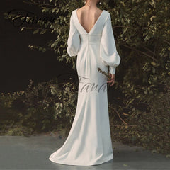 Lizakosht V-Neck Backless Mermaid Wedding Dresses Long Sleeve Satin Floor-Length Bridal Gown vestido de noiva robe de mariée