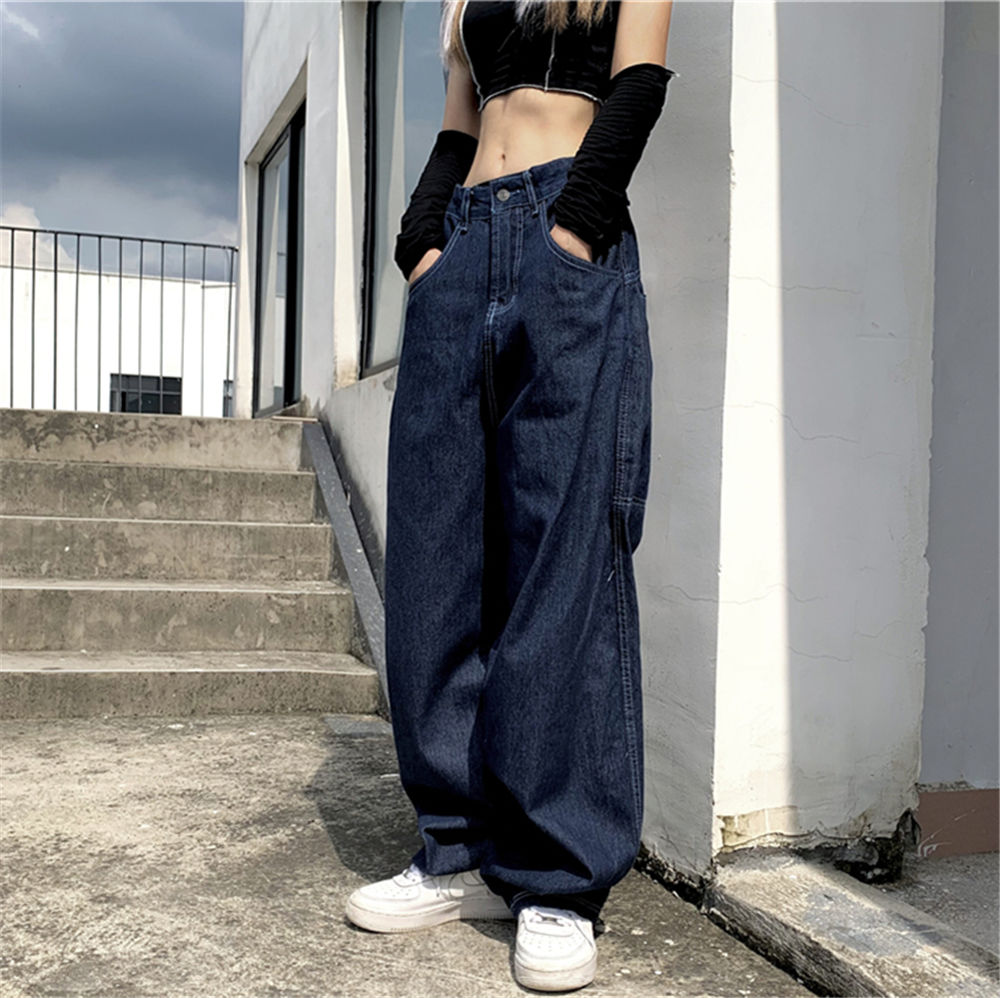 Lizakosht American retro street loose embroidered straight-leg jeans women  new casual all-match high-waist mopping wide-leg trousers