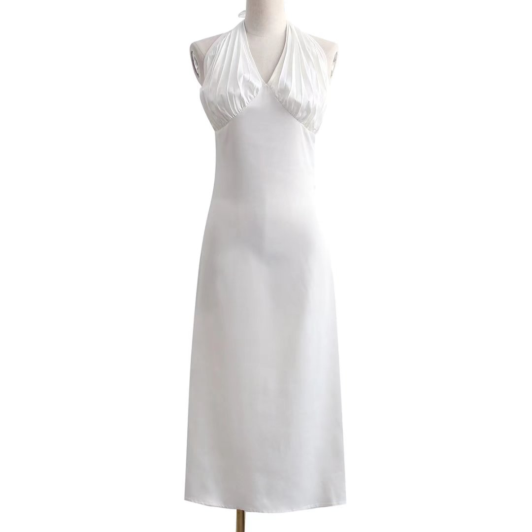 Summer dress women  evening party dresses sexy v neck dress sleeveless midi dresses satin ruched halter dress backless white