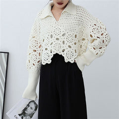 New  Spring Autumn Women Sweater Pullovers Knitted Korean Fashion Hollow Out Irregular Jumpers Short Tops