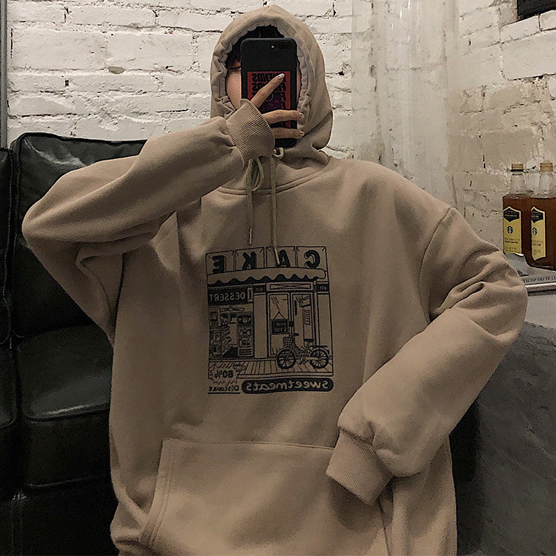 Hoodies Women Printed Thickening Hooded Plus Velvet BF Unisex Couples Pullover Sweatshirt Streetwear Hip-Hop All-match Oversize