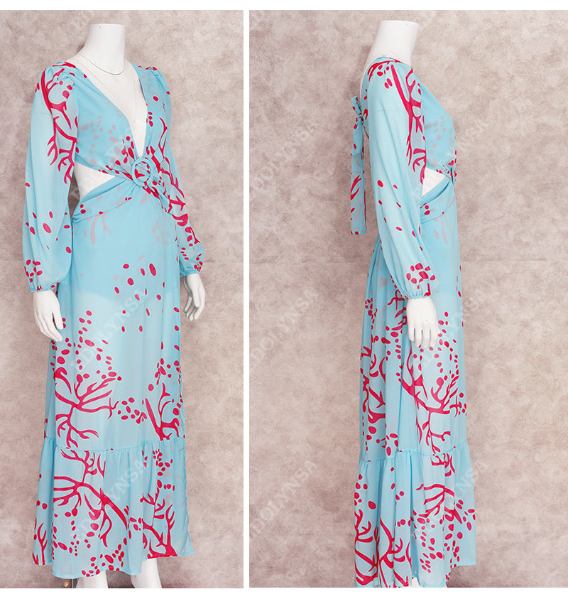 Sexy Bikini Long Sleeve Cover-ups Print Loose Dress 2022 Autumn Women Plus Size Beachwear Swimsuit Cover Up Sarongs A954