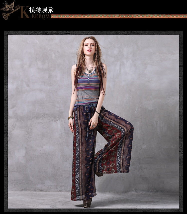 Summer Beach Fashion Bohemian Printed Wide Leg Pants Women Casual Cotton Linen Bottoms Thailand India Retro Split Loose Trousers
