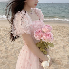 Pink Elegant Sweet Dress Women Kawaii Floral Casual Korean Pretty Dress Female Princess Designer Beach Fairy Dress Summer 2022
