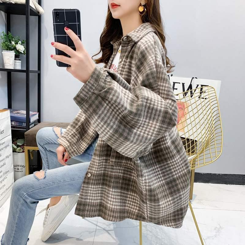 Women Spring Autumn Long Sleeve Blouse Plaid Flannel Boyfriend Tunic Shirts Loose Casual Street Lady Korean Oversized Top