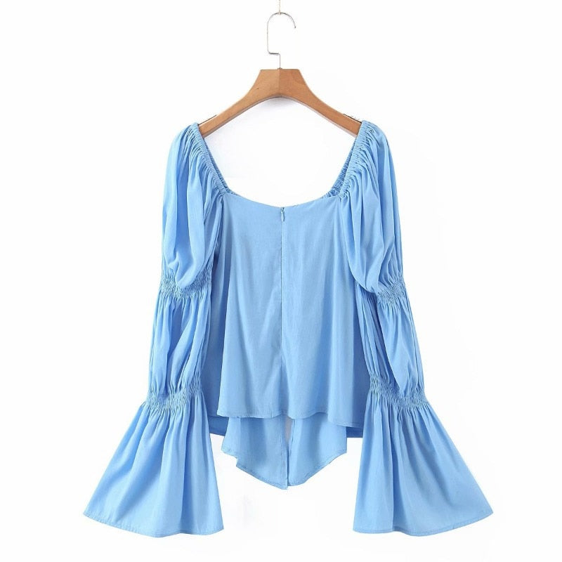 Lizakosht Trumpet sleeve elegant fashion design shirt women summer hedging long sleeve square collar slim blouse