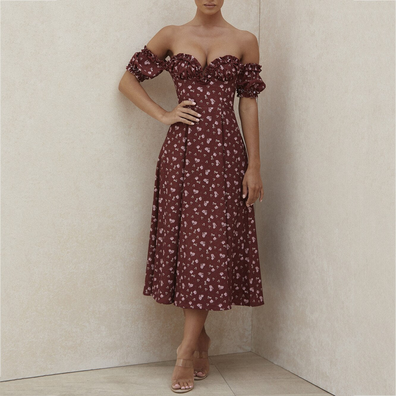 Strapless Side Split Corset Dress Beach Dress Summer Pink Floral Long Dress Women Sexy Off Shoulder Ruffles Party Dresses