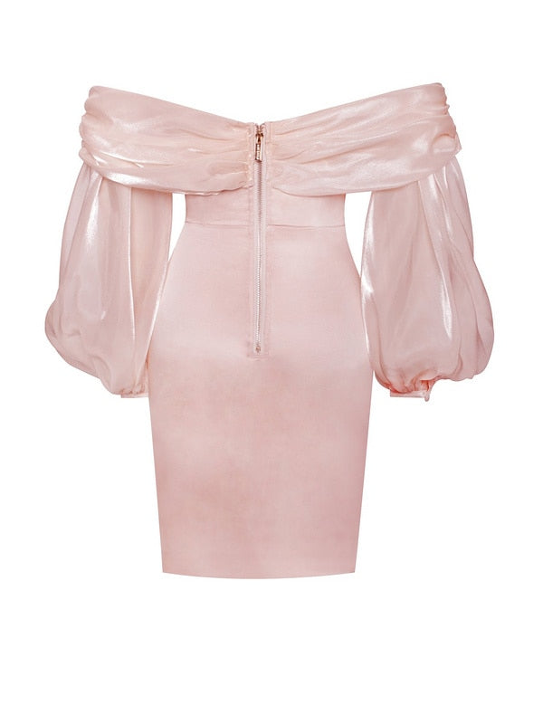 High Quality Celebrity Pink White Mesh Puff Sleeve Off The Shoulder Bodycon Dress Elegant Club Party Fashion Dress Vestidos