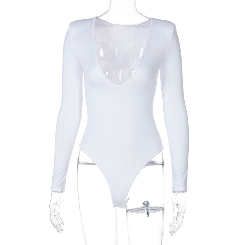 Autumn Deep V-Neck Bodysuit Long Sleeve Buttons Slim Bodysuit Women Casual Sexy Rompers Ladies Elegant One-pieces Bodysuit