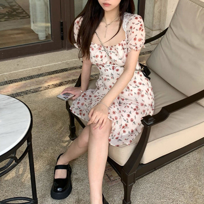 Summer Elegant Floral Dress Women Lace Up Designer Backless Sexy Mini Dress French Retro High Waist Chic Party Sweet Dress