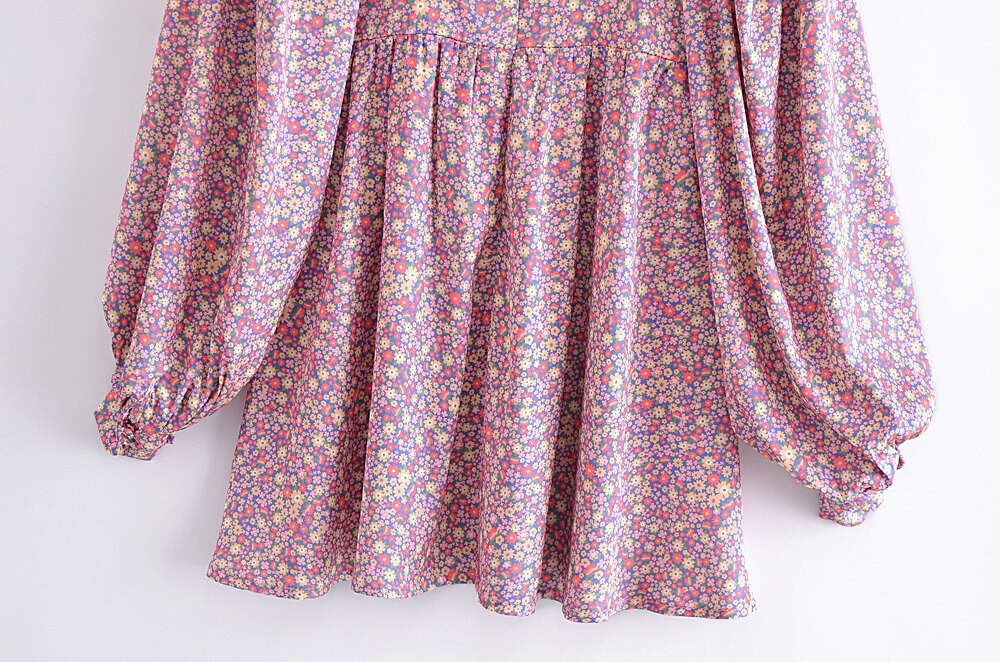 Lizakosht Spring Women Vintage Floral Print Mini Dress Sweet Ruffle Sexy Collar Puff Sleeve Dress Ladies Prairie Chic Vestido