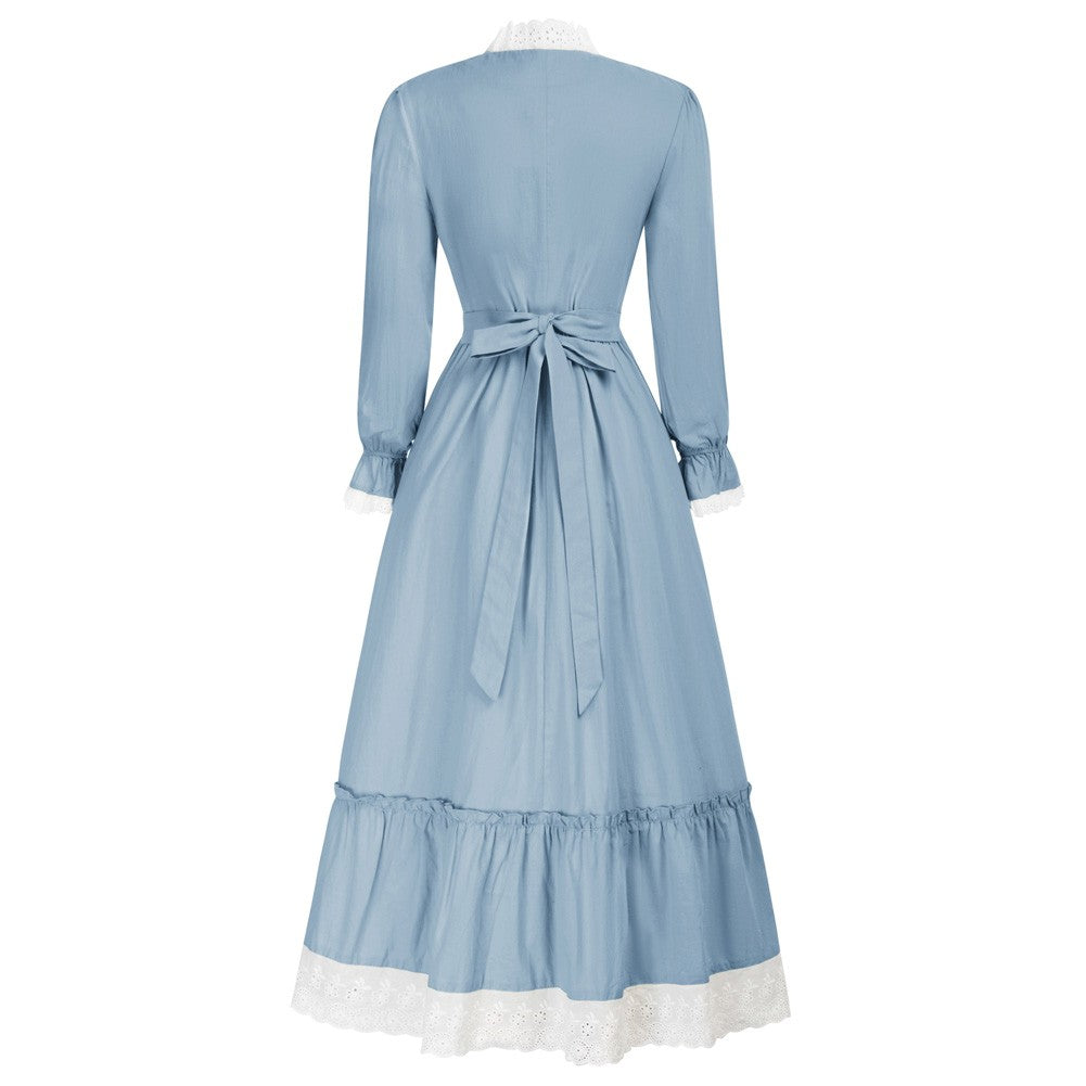 SD Women Renaissance Cotton Dress Puffed Long Sleeve V-Neck Flared A-Line Dress Women Vintage Solid Color Winter Dress Elegant