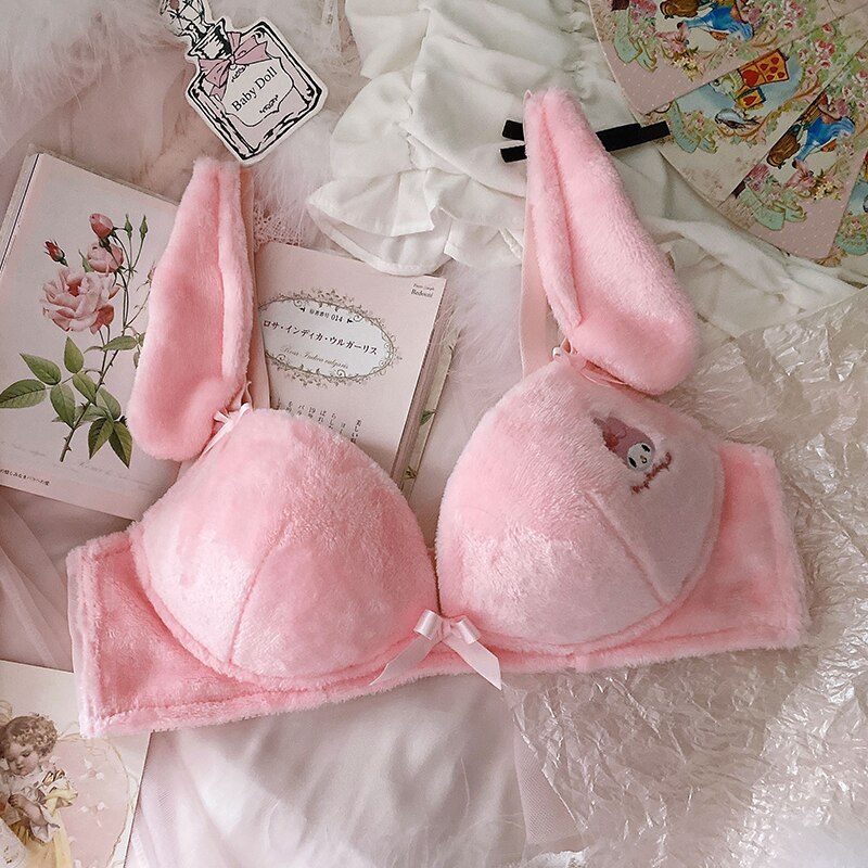 Wriufred Cute Girl Big Ears Bralette Embroidered Plush Gathering Bra without Steel Ring Women Comfortable Lingerie for Home Wear