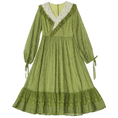 Lizakosht Green Dress SpringSummer Women Vintage Elegant Slim Long Sleeve Embroidery Lace V-Neck Cotton Long Dress ropa mujer talla grande