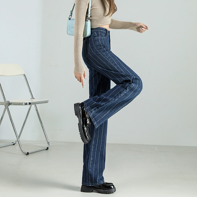 Stripe Jeans Straight Pants Loose High Waist Plus Size Women Casual  Fashion Retro Cowboy Wide Leg Trousers 2022 New