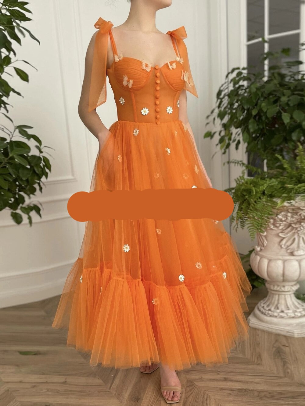 Fashion Orange Party Dresses Sweetheart Sleeveless Little Flowers Butterfly Tulle A Line Ankle Length Prom Dress