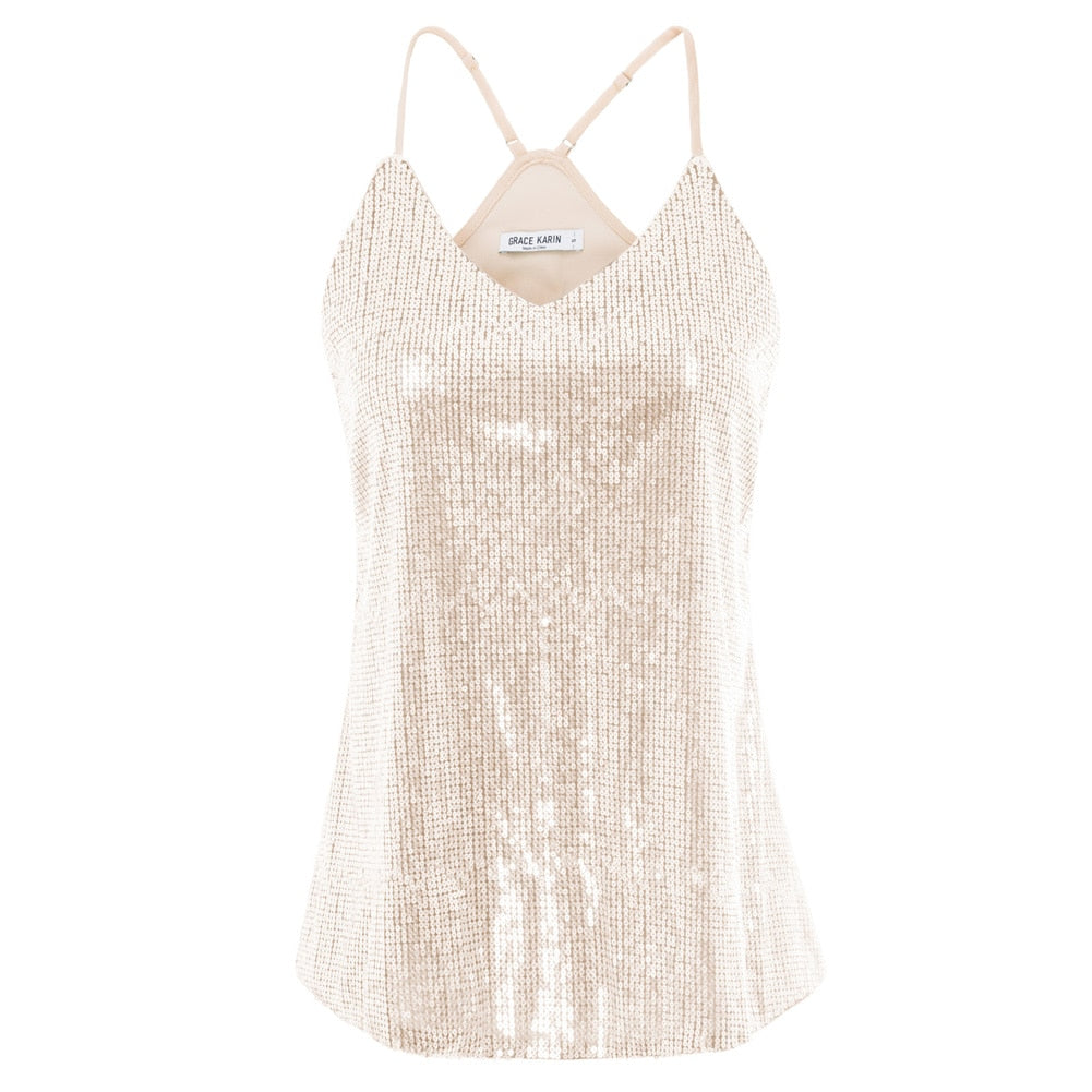 Grace Karin Women\\\'s Sequin Sexy V-Neck Top Spaghetti Strap Summer Cocktail Party Sequined Camisole Tank