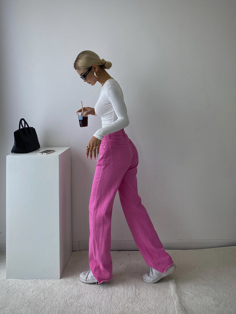 Candy Color High Waist Straight Wide Legs Pants Thin Jeans Women's Green Pants Denim Trousers Fashion Korean Women M8A