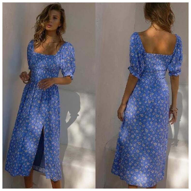 Summer Dress For Women 2022 Puff Sleeve Midi Dress Vintage Square Neck Floral Print Split Sundress Holiday Casual Dresses Women