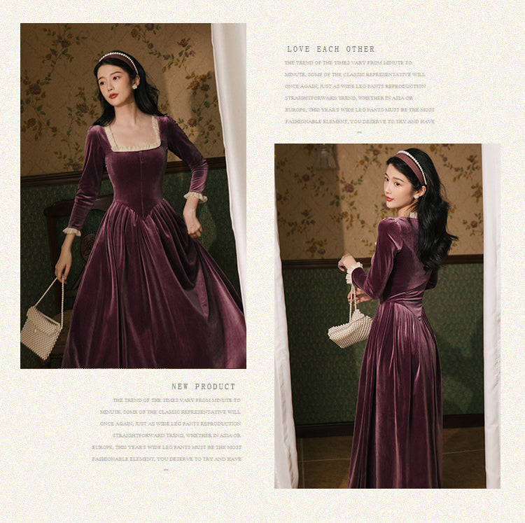 Vintage Velvet Dress Woman Solid Claret & Purple Color Square Collar Ruffles Elegant Lady Dinner Dresses Retro Vestido Festa