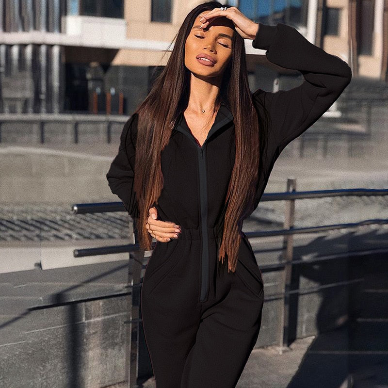 Lizakosht Bodysuit Women Direct Selling Polyester Sexy Bodysuit Hot Selling Women's Jumpsuit Loose Zipper Waist Belt Hood Casual