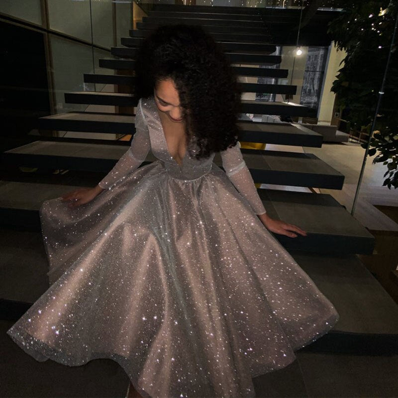 SoDigne Sparkling Evening Dress 2021 robe longue V- neck Long Sleeves Medium Length Wedding Party Dress Prom Gowns