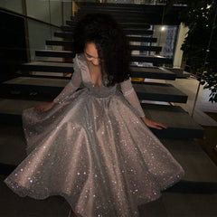 SoDigne Sparkling Evening Dress 2021 robe longue V- neck Long Sleeves Medium Length Wedding Party Dress Prom Gowns