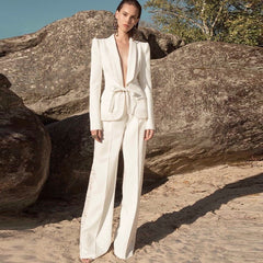 Lizakosht  Pantsuits Two Piece Set White Office Ladies Women Business Wide Leg Pants Lace Blazer + Pants Formal Suit High Quality