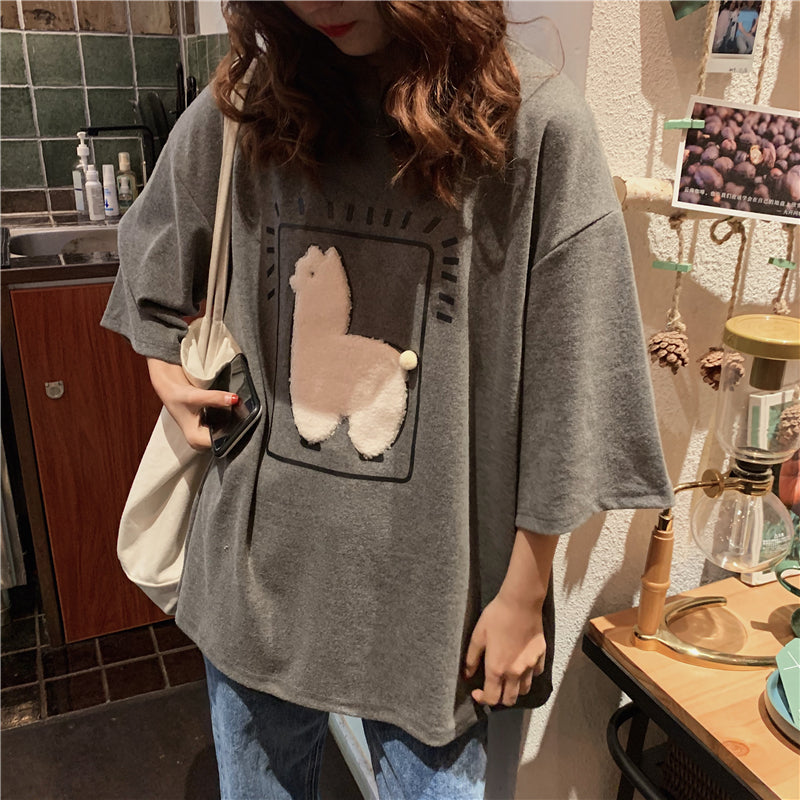 Lizakosht  Cartoon Alpaca Animal Printed Casual Loose Oversize Korean Style 2021 Summer Short Sleeve Women Top Female T-shirts
