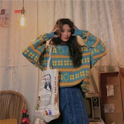 Lizakosht Floral Blue Top 90s Oversized Sweater Women O Neck Casual Pullover Loose Fashion Knitted Sweaters Vintage Winter Streetwear