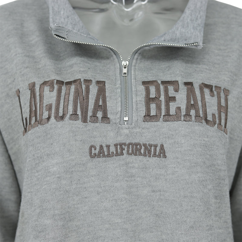 Lizakosht Laguna Beach Sweatshirts Gray Letter Embroidery Sweatshirt New Women Oversized Vintage Collar Pullovers Women Sweatshirts