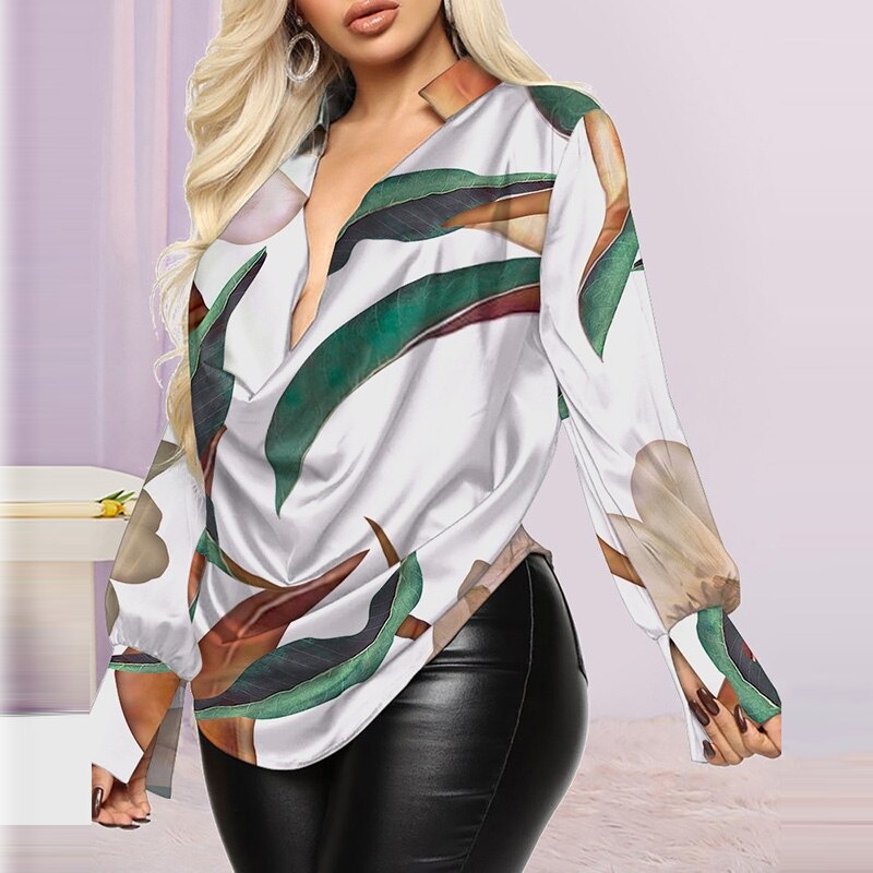 Lizakosht  Woman Blouse Shirt Sexy Deep V Neck Chain Printing Long Sleeve Ladies Tops 2022 Spring Summer Office Elegant Shirt Blusa Mujer