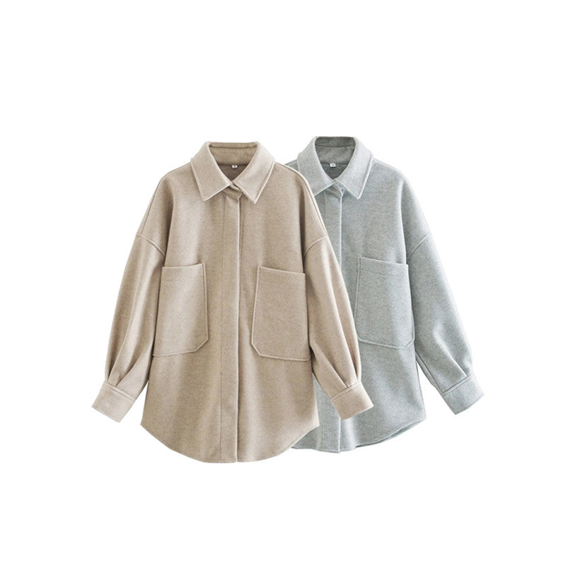 Lizakosht Casual Woman Camel Loose Pocket Woolen Shirt 2021 Fashion Ladies Autumn Long Sleeve Thick Blouse Coat Female Long Outwear
