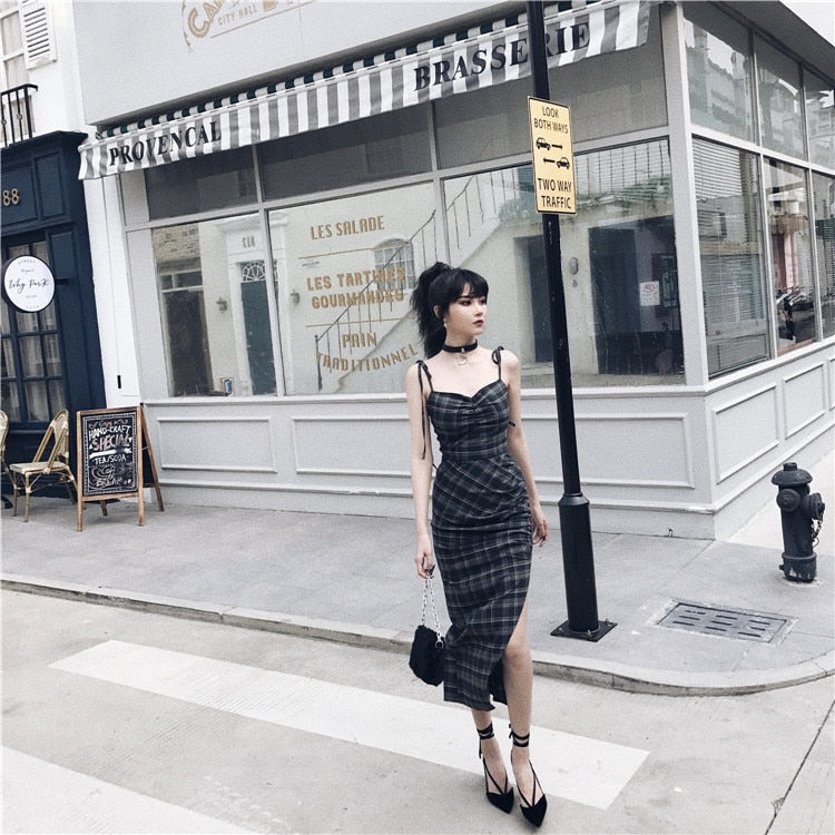 Lizakosht Punk Gothic Women Black Plaid Sexy Deep V-neck Dress Summer Elegant Fashion Dark Halter High Waist Split Dresses