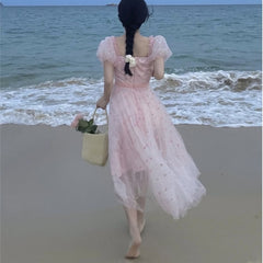 Pink Elegant Sweet Dress Women Kawaii Floral Casual Korean Pretty Dress Female Princess Designer Beach Fairy Dress Summer 2022