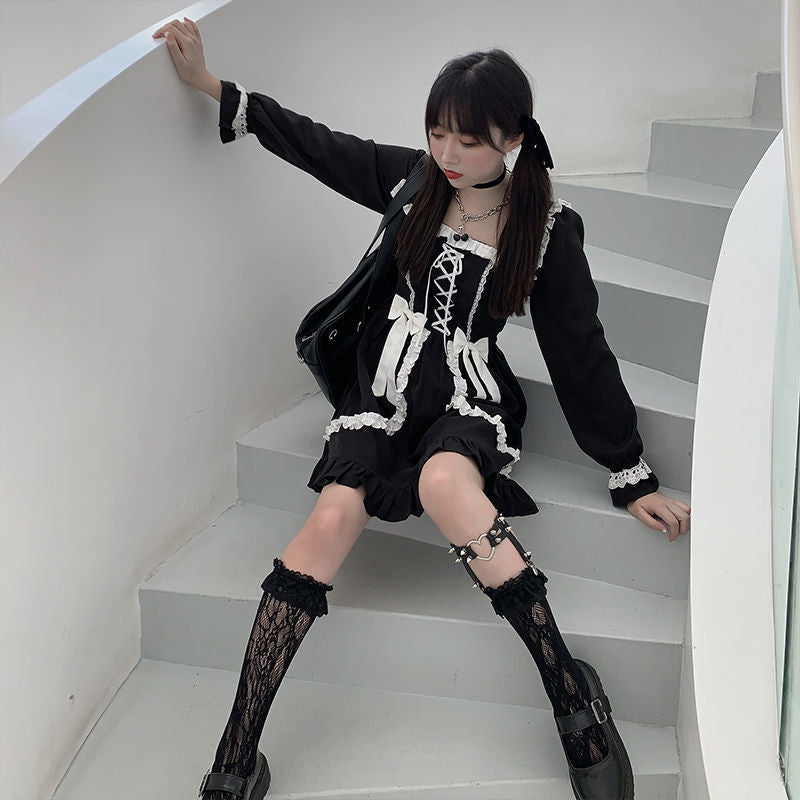 Lizakosht Women's Gothic Lolita Dress Goth Punk Gothic Harajuku Mall Goth Style Bandage Black Dress Emo Clothes Dress Spring