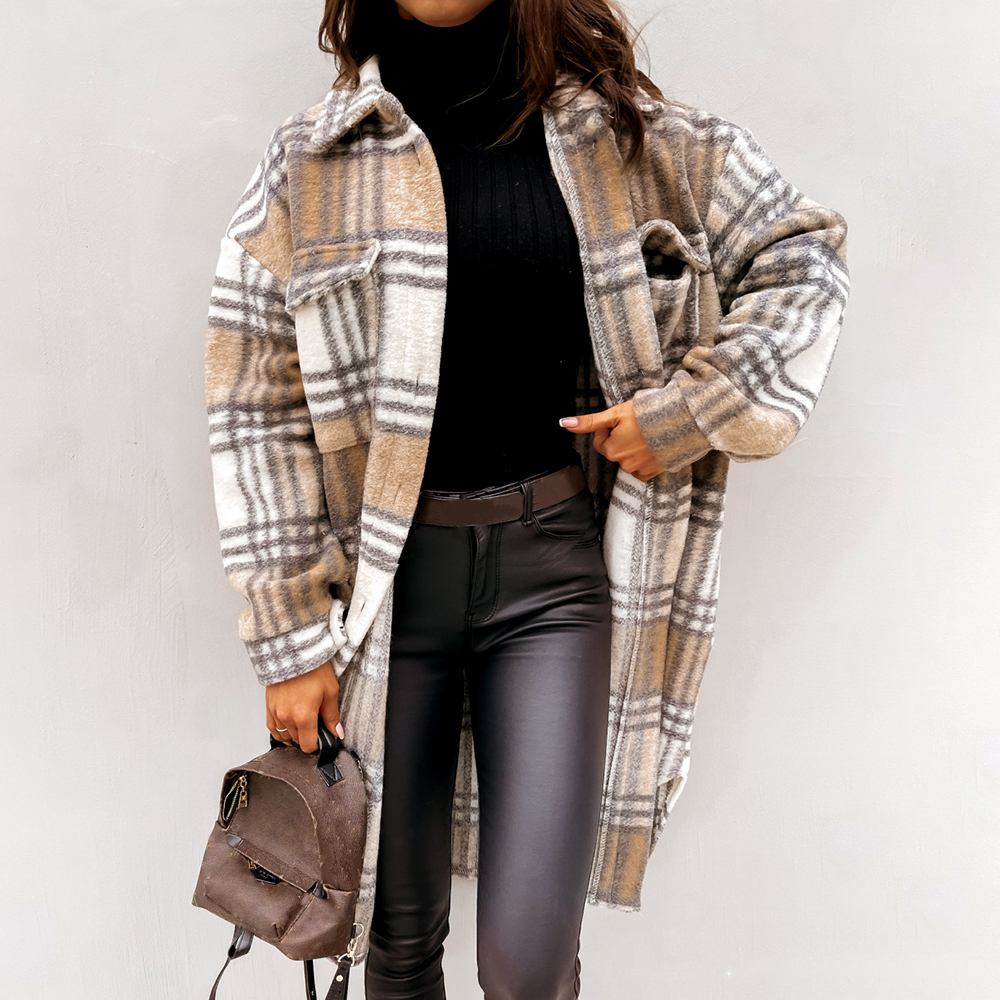 Women Vintage Warm Shirt Jacket Autumn Winter Plaid Long Shirt Jacekt Casual Loose Buttons Pockets Turn down Shirt Coat