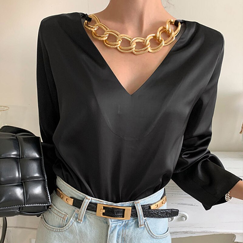 Lizakosht Women's shirt autumn new V-neck metal chain decoration Slim all-match long-sleeved shirt