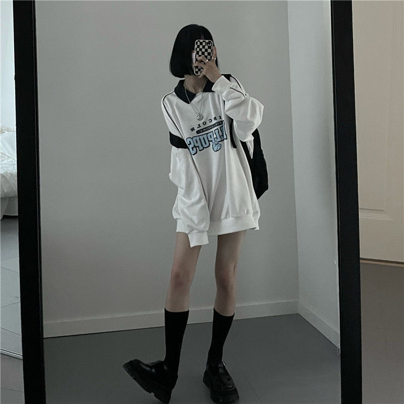 Vintage Oversized Hoodie Women Autumn Harajuku Preppy Style Patchwork Fake Two-piece Sweatshirt Casual Kpop Streetwear