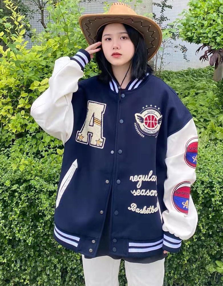 American retro letter embroidery flocking Y2K street hip-hop baseball uniform jacket female new college style couple outfit