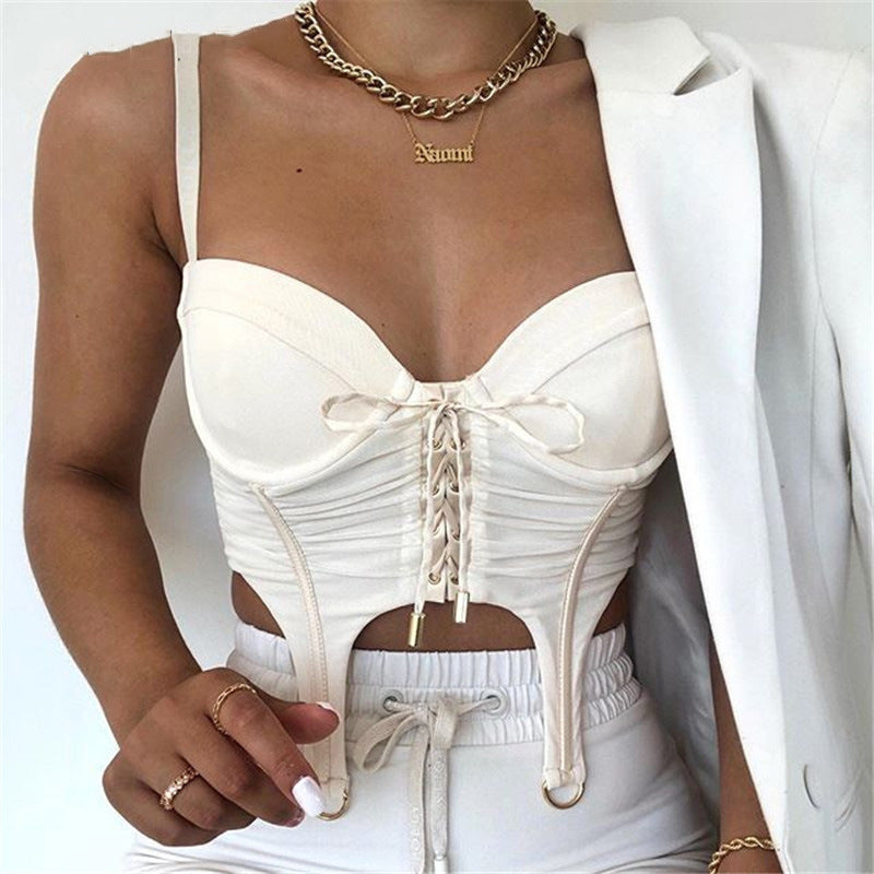 Tinastyle Drawstring Backless Zip Crop Top For Women Solid Irregular Sexy Top Ladies Summer Lace Up Bandage Bustier Corset Vest