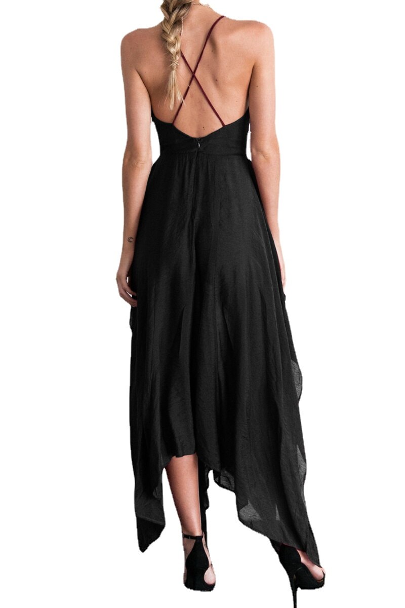 Lizakosht New Women Sexy Party Dress Spaghetti Strap V-neck Sleeveless Chiffon High Slit Irregular Mid Long Dress Vestidos