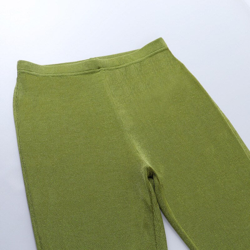 Lizakosht Retro High Waist Flare Pants Women's Fashion Streetwear Women's Skinny Slim Pants Green Shiny Tights New