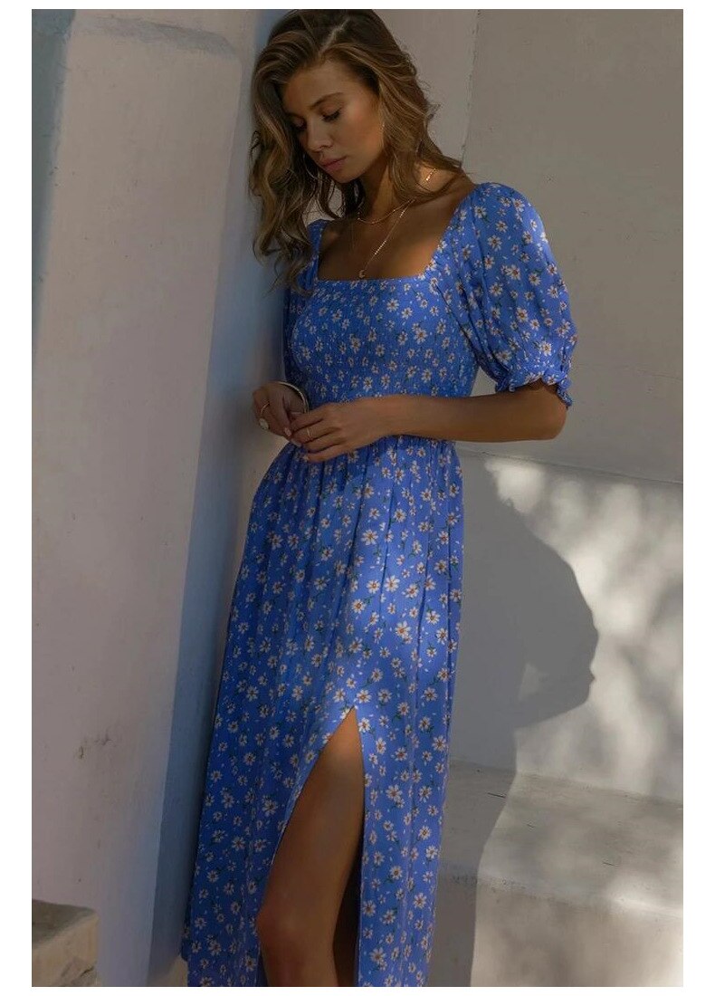 Summer Dress For Women 2022 Puff Sleeve Midi Dress Vintage Square Neck Floral Print Split Sundress Holiday Casual Dresses Women