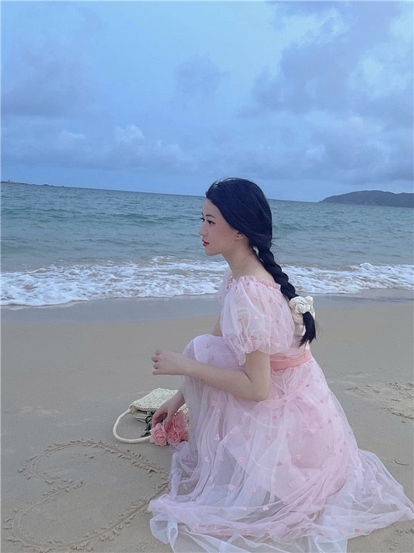 Pink Elegant Sweet Dress Women Kawaii Floral Casual Korean Pretty Dress Female Princess Designer Beach Fairy Dress Summer 2022