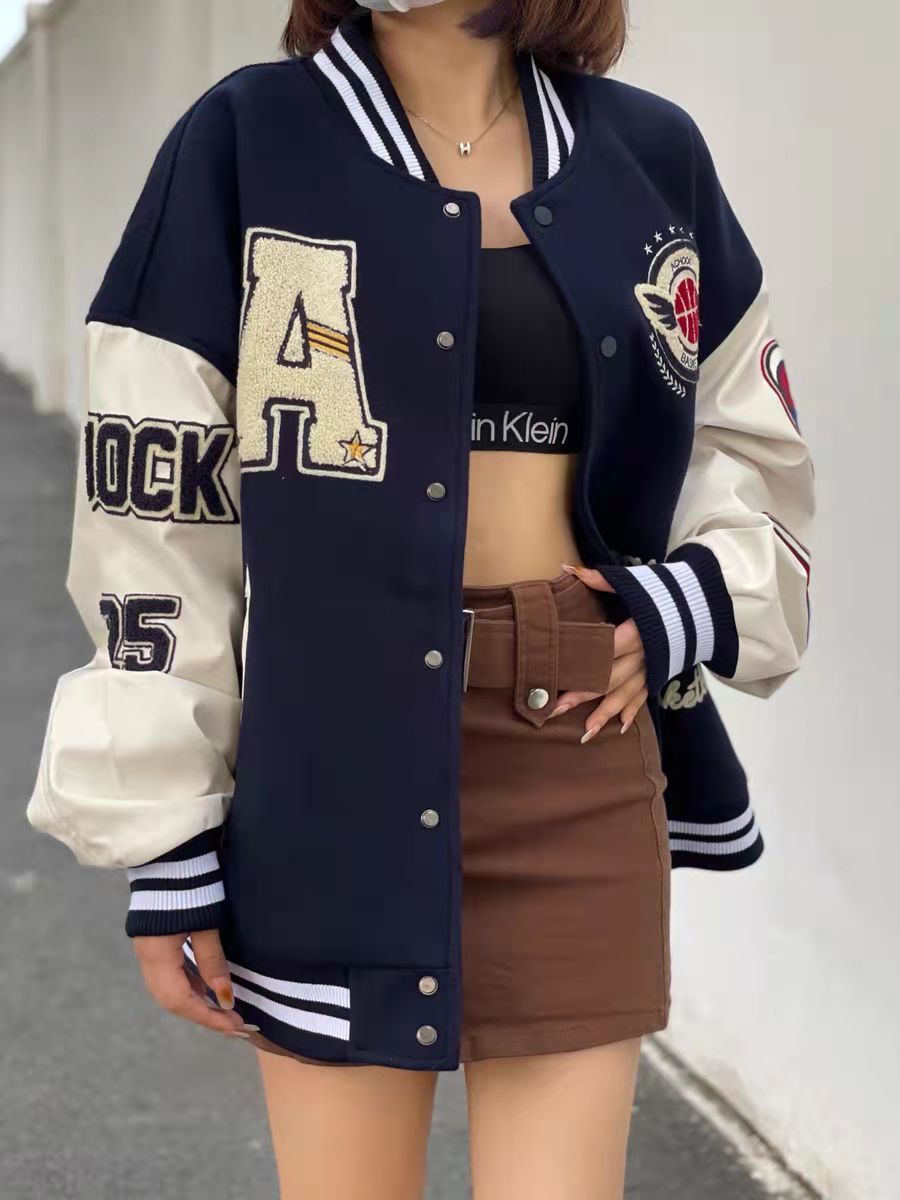 American retro letter embroidery flocking Y2K street hip-hop baseball uniform jacket female new college style couple outfit