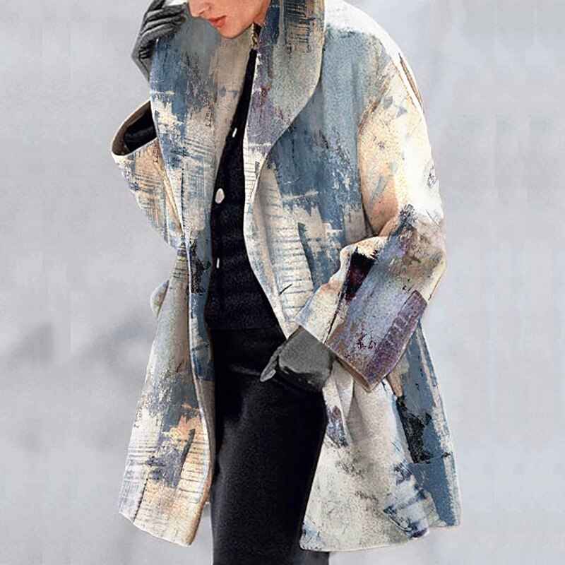Vintage Harajuku Pattern PrintP Women Tweed Outerwear Autumn Winter New Elegant Lapel Loose Coat Fashion Long Sleeve Jacket Tops