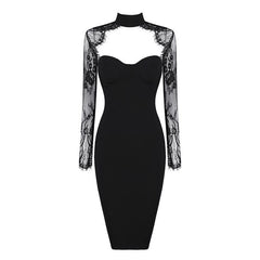 Lizakosht New Women's Bandage Dress Sexy V-Neck Lace Openwork Long-Sleeved Split Tight Dress Vestidos Sexy Embroidered Lace Bodycon Dress