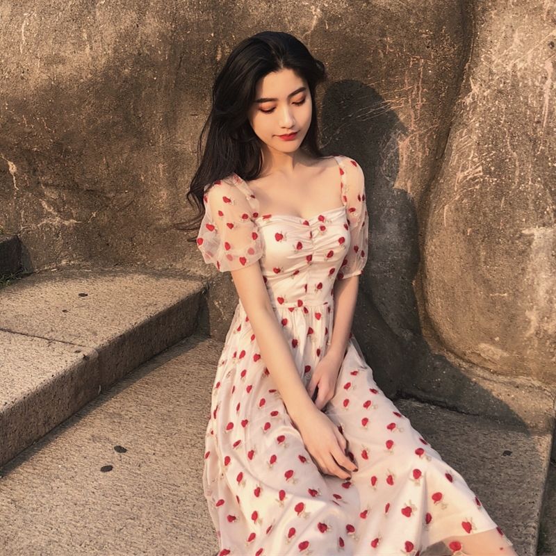 Vintage Elegant Point Lace Korean Party Dresses Lady Short Sleeve Dress for Women Female A-Line High Waist Vestidos 2022