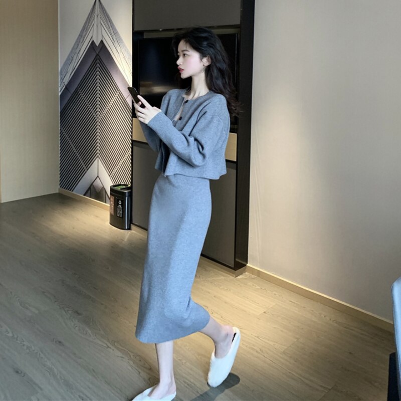 Tow Piece Set Women Autumn 2021 Korean Slim Knitted Cardigan Coat+sexy Bodycon Strap Dress Office Lady Sashes Casual Sweater Set